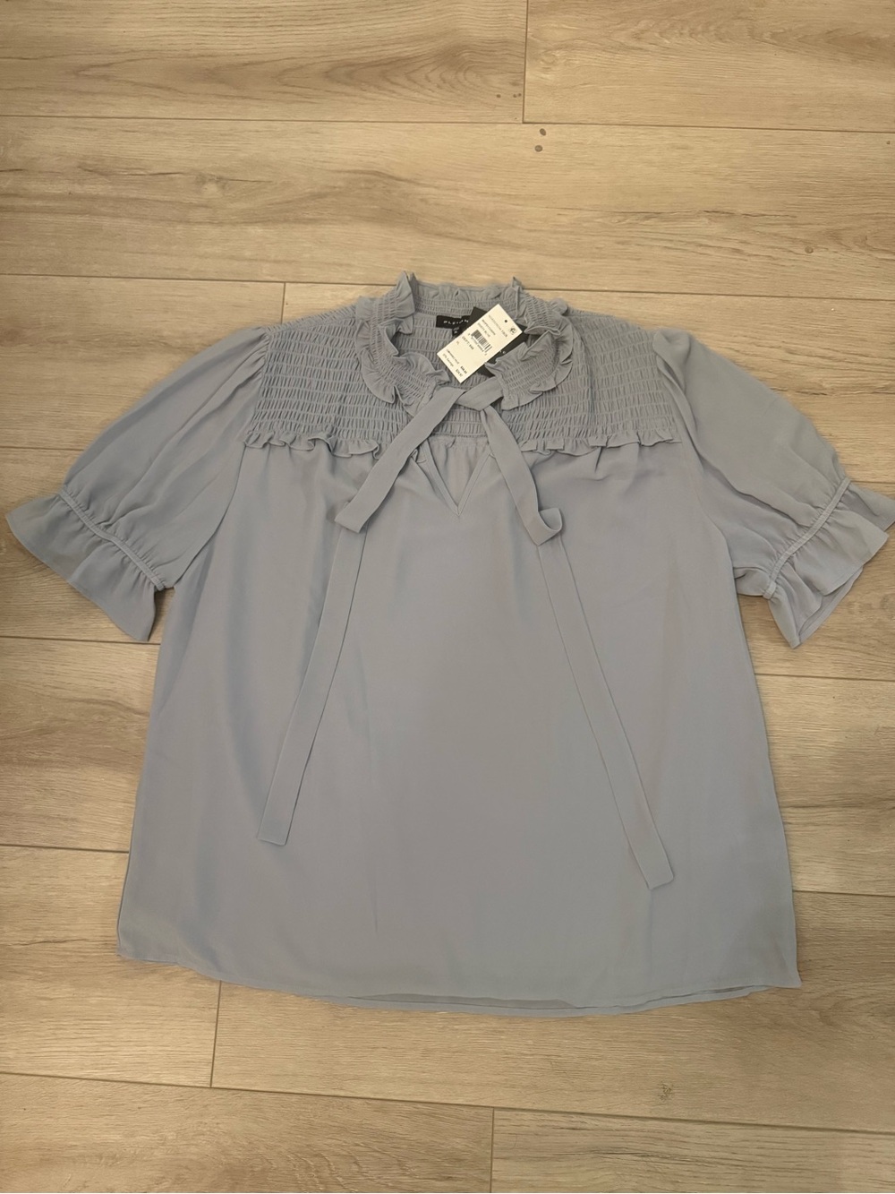 Pleione Pale Blue Smocked Tie-Neck Blouse
